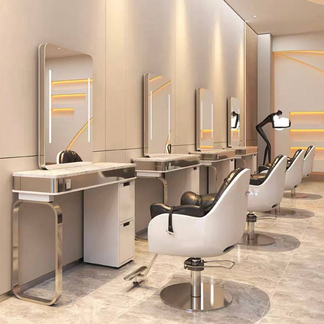 'Aura' Commercial Salon Styling Station | Professional Vanity Mirror & Storage